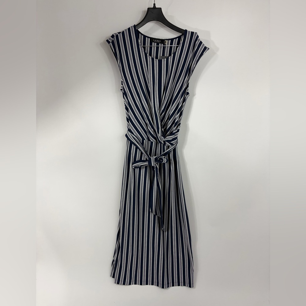 Lauren Ralph Lauren Navy and White Striped Tie-Waist Maxi Dress